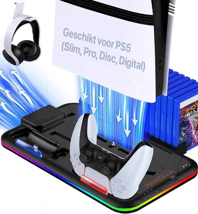Docking Station Geschikt voor Playstation 5 (PS5 Pro, Slim, Digital & Disc) - Oplaadstation met Ventilatie, Headset Houder & Controller Oplader - Accessoires