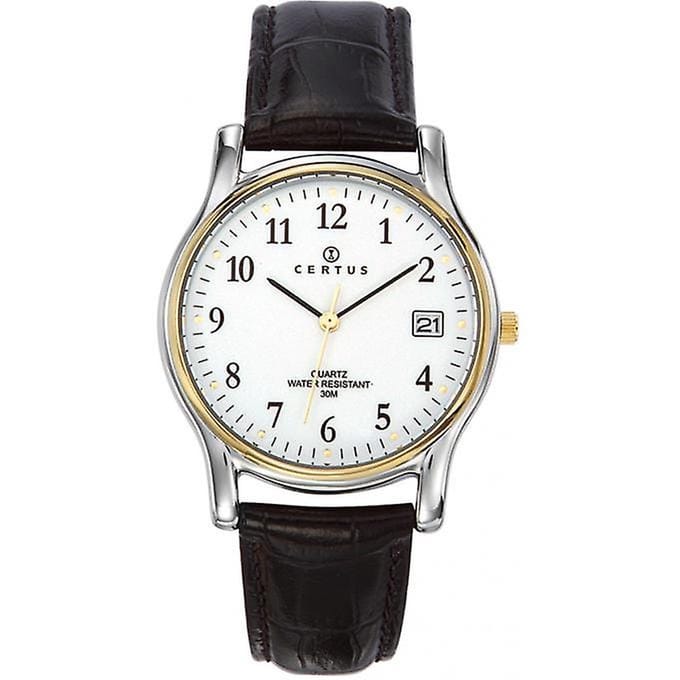 Certus-Duidelijk heren horloge-Datumaanduiding-Bicolor-Zwart lederen band.