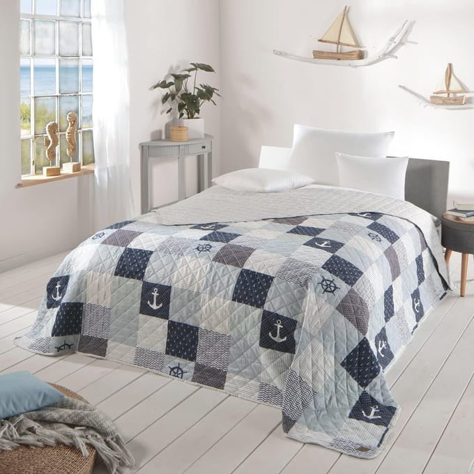 Maritieme Patchwork Bedsprei voor Eenpersoonsbed - 140 x 210 cm - Marineblauw