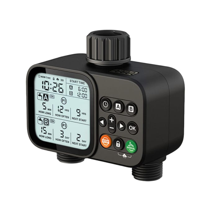 2-Zones Tuinslang Bewateringstimer 8 Programmeerbare Instellingen Automatische Regenvertraging Groot 3,3 Inch LCD-Scherm Digitaal gray