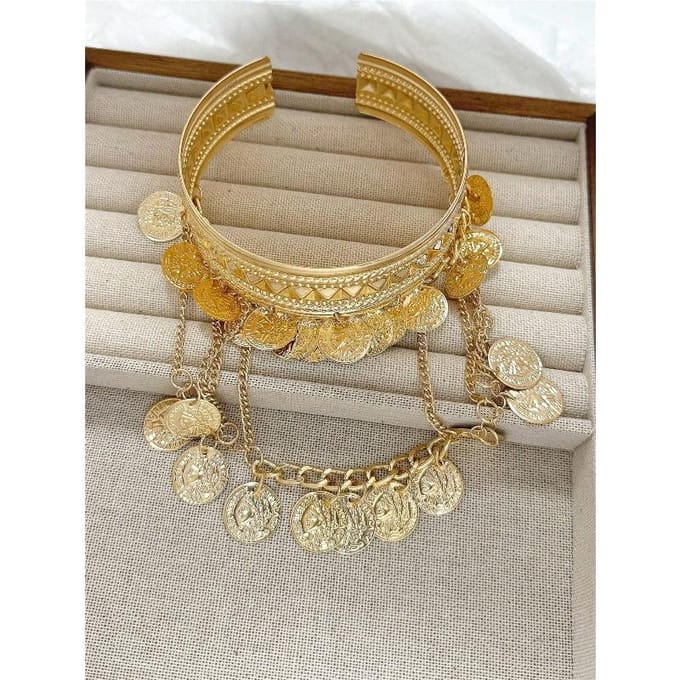 Boho Uitgebreide Munt Kwast Brede Armmanchet - Vintage Sieraden Lichaamsaccessoire goud