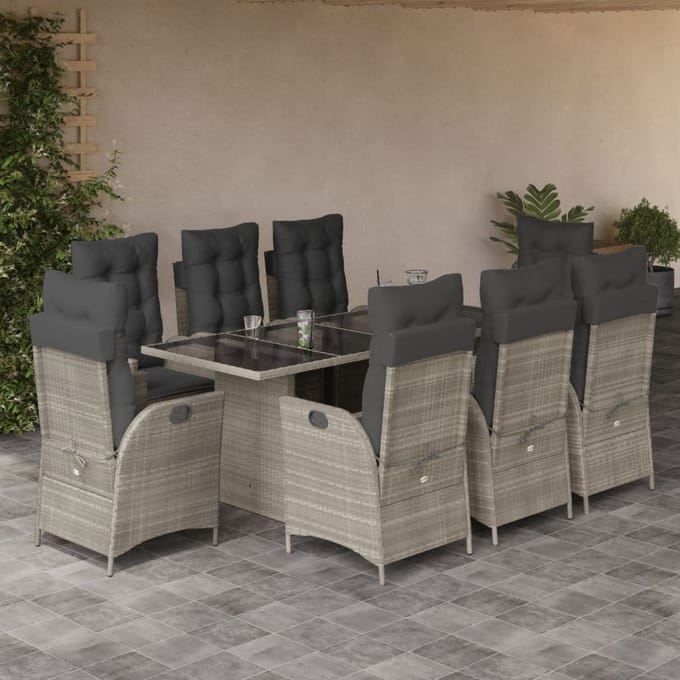 vidaXL - 9-delige - Tuinset - met - kussens - poly - rattan - lichtgrijs