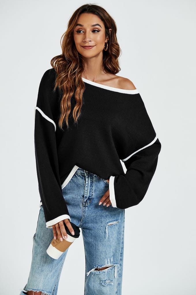 Wit gestreepte oversized trui-top in zwart