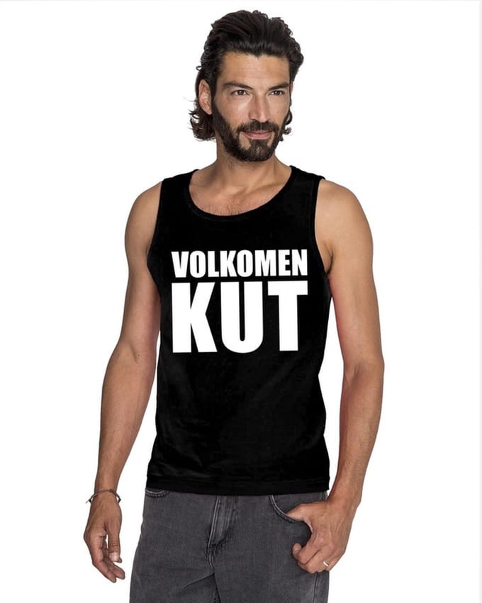 Volkomen kut tekst singlet shirt/ tanktop zwart heren M