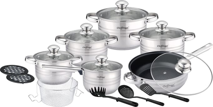 Cheffinger Pannenset - 18-delig - Zilver - RVS - Kookpannen - Inductie