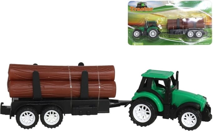 Gerimport Tractor met aanhanger en 3 boomstammen