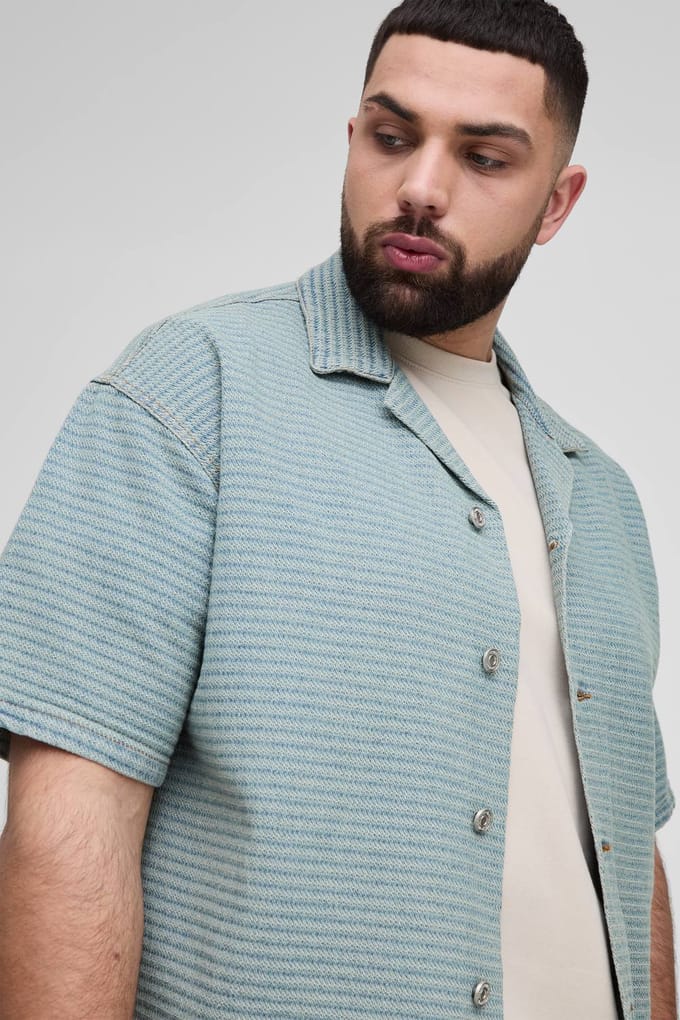 Plus Jacquard Denim Boxy Oversized Revere Shirt | Light Wash | Size 2XL