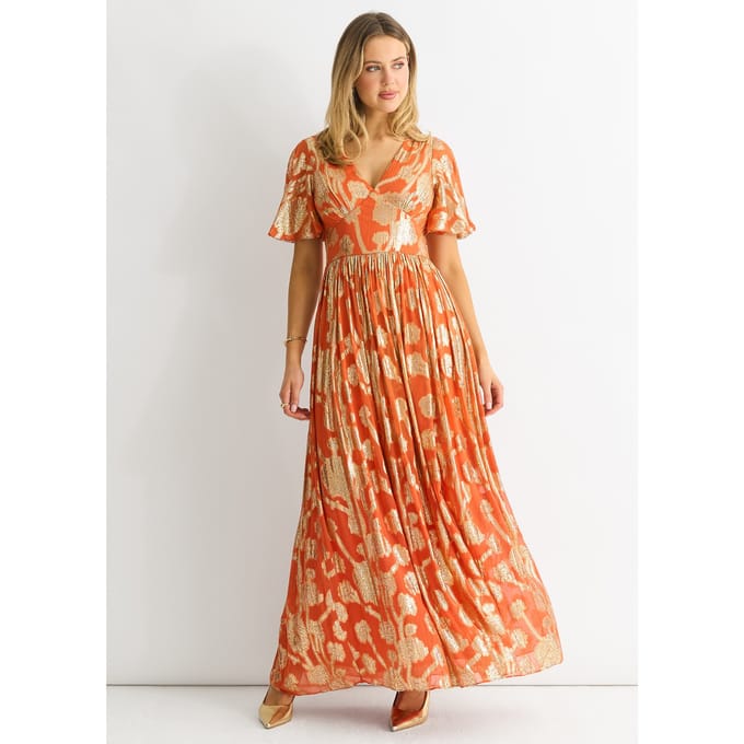 Oranje metallic jacquard fladdermouwen maxi jurk