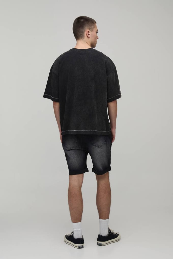Skinny Stretch Zwaar Gebleekte Gescheurde Denim Shorts | Washed Black | Size 30