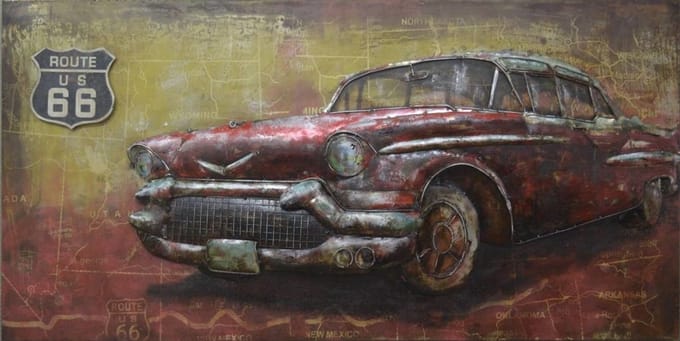 Schilderij - Metaalschilderij - Oldtimer route 66, 140x70cm