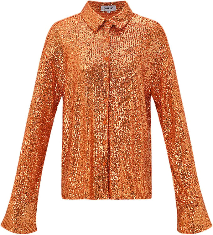 Opvallend Polyester Pailletten Vrouwen Overhemd met Glanzend Effect - Oranje - Maat S