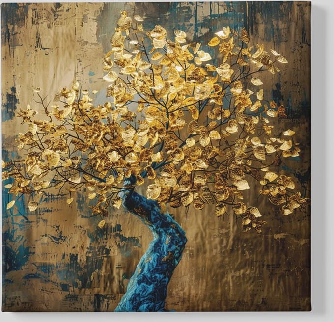 Vierkant Canvas Schilderij - Boom met Gouden Bladeren - 100x100x2 cm