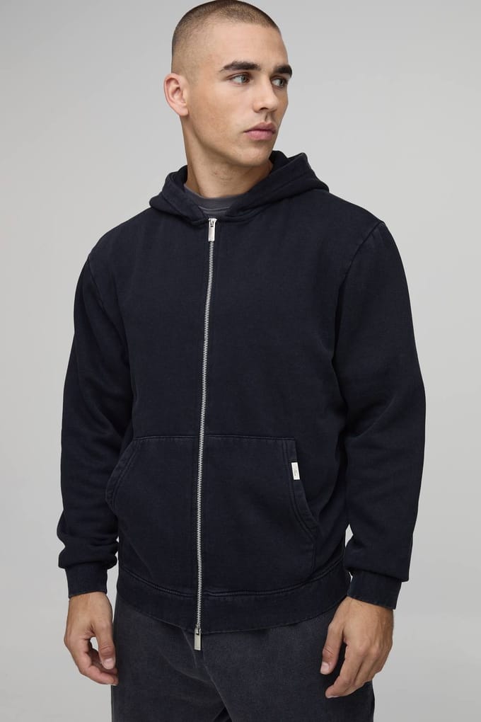 Essential Gewassen Boxy Hoodie Met Rits | Washed Black | Size Medium