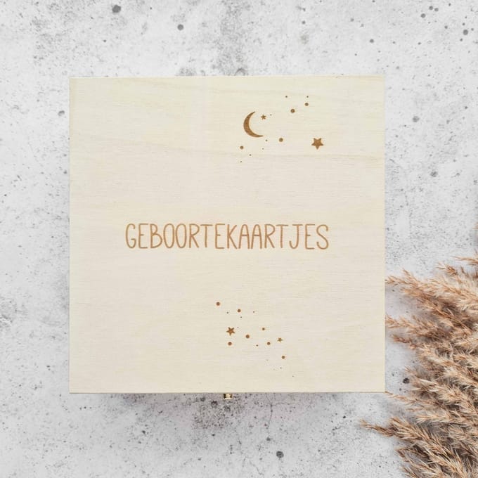 Houten bewaarkistje - Geboortekaartjes - vierkante bewaarbox
