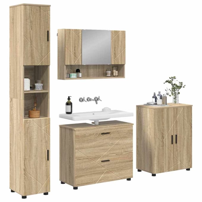 vidaXL - Badkamermeubel - Set - 4 - pcs - Sonoma - Eik - Samengesteld - Hout - en - Metaal