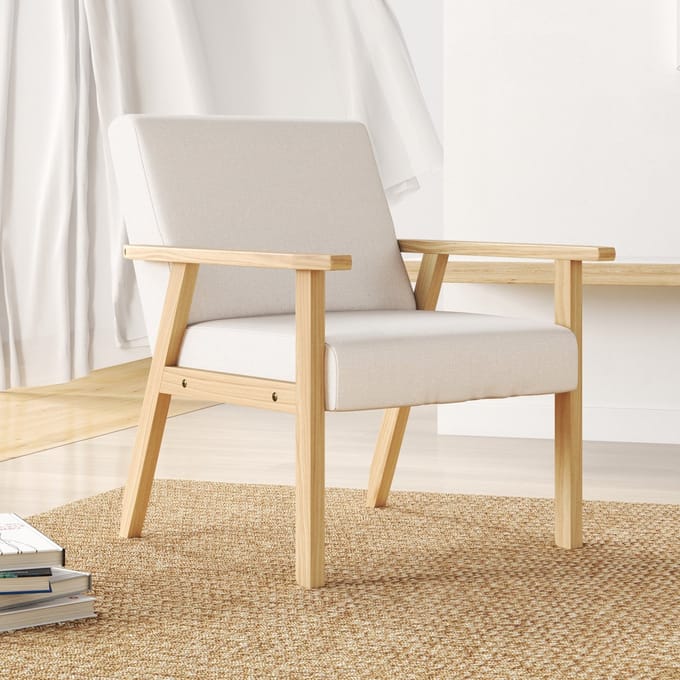 MODFU Fauteuil - Brede Zitting En Houten Frame - Scandinavisch Design - Linnen - Crèmewit - 64 x 70 x 72 cm
