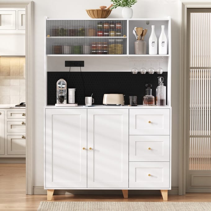 Sweiko Dressoir - Barkast - Met stopcontacten - 3 laden - Glazenrek - Verstelbare planken - Wit