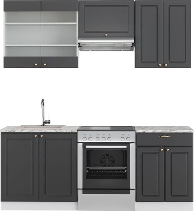 Vicco Fame-Line Complete keukeneenheid – 200 cm, WB Marmer Antraciet-Goud/Wit