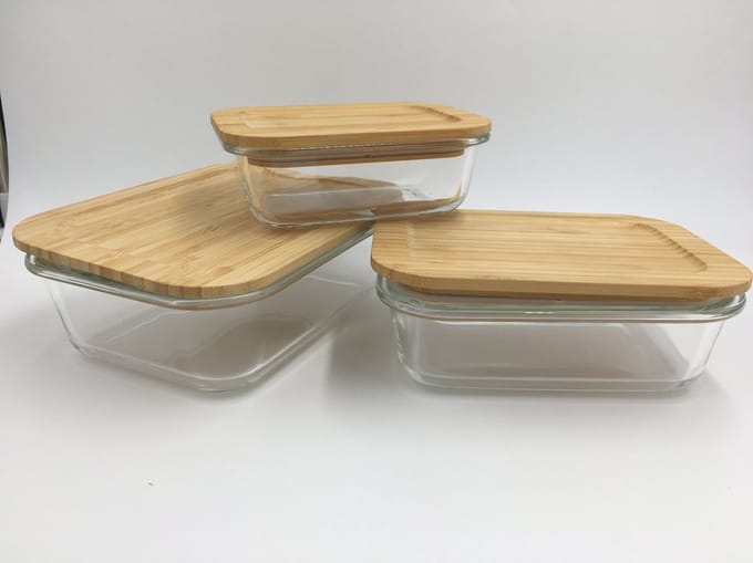 Glazen voorraad/vershout bakjs, set van 3, bamboe deksel