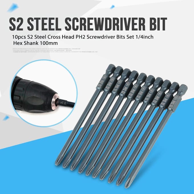 10 stuks S2 Staal Kruiskop PH2 Schroevendraaier Bits Set 1/4 inch Zeskant Schacht 100mm