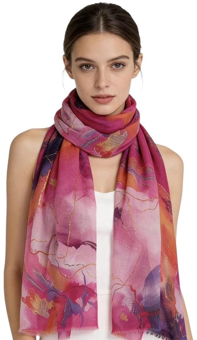 Dunne Sjaal - Print - Goud Accent - (19341#) - Roze/Fuchsia