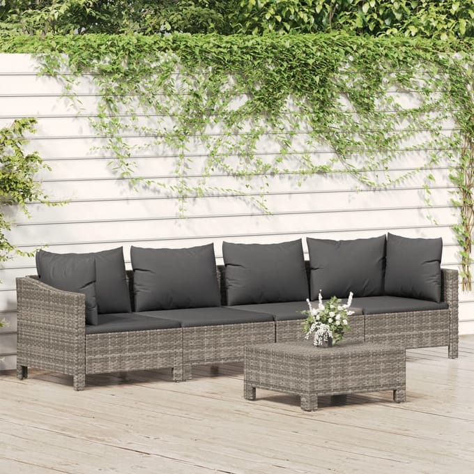 vidaXL - 5-delige - Loungeset - met - kussens - poly - rattan - grijs