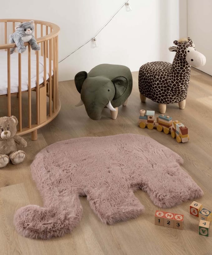 Kindervloerkleed Olifant - Fluffy roze 80x100