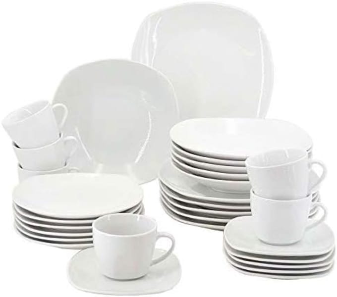 RUX® Serviesset 30 Delig - 6 Persoons - Compleet Servies - Wit - 25cm x 25cm x 4cm
