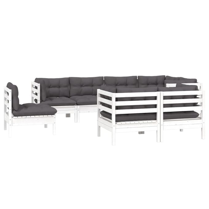 vidaXL - 8-delige - Loungeset - met - kussens - massief - grenenhout - wit