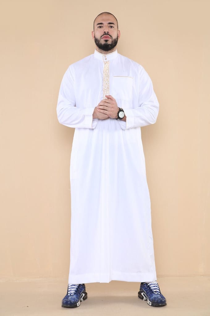 Mens witte Thobe Jubba Emirati islamitische Arabische Eid borduurwerk Kaftan Jubbah gewaad