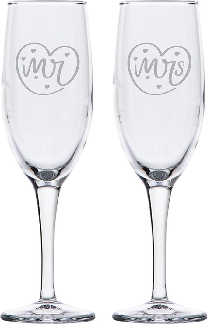 Gegraveerde set Champagneglazen 16,5cl Mr. In hartje - Mrs. In hartje