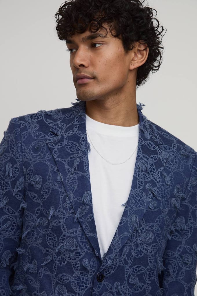 Getextureerde Denim-look Blazer Met Relaxed Fit | Navy | Size 40