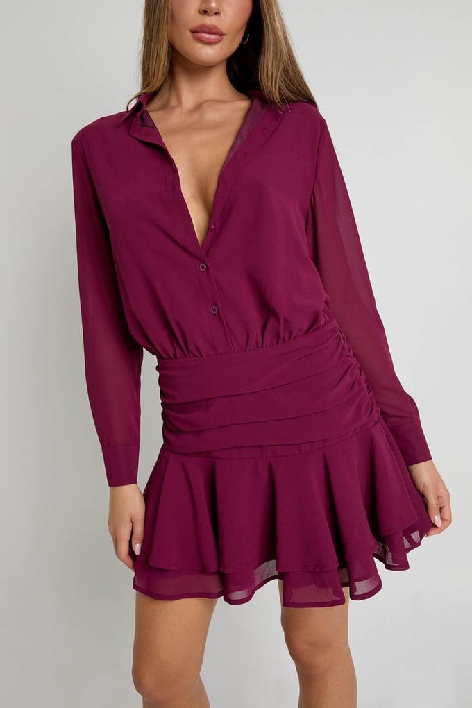 boohoo Dames Gedrapeerde mini-shirtjurk van chiffon | Wine | Maat: 10