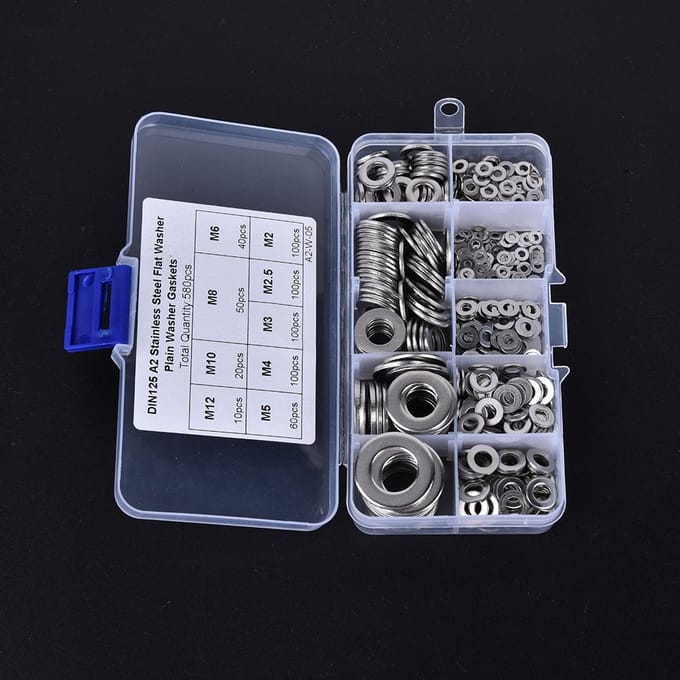 Assortimentset met 580 platte ringen van roestvrij staal M2 M2.5 M3 M4 M5 M6 M8 M10 M12
