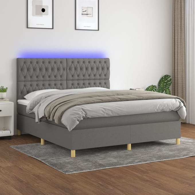 vidaXL - Boxspring - met - matras - en - LED - stof - donkergrijs - 160x200 - cm