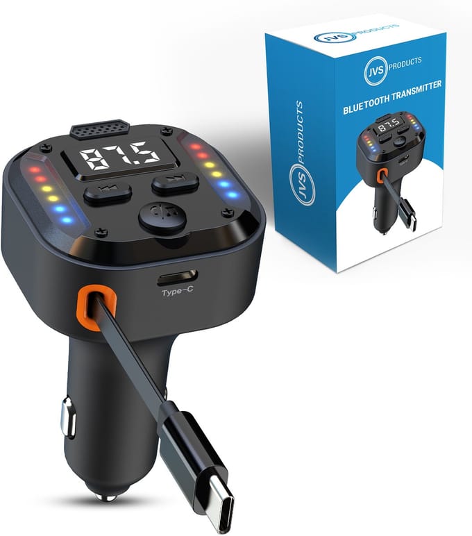 Bluetooth Transmitter - Auto - 30W Snellader - USB-C + 70cm USB-C Kabel - Carkit - Handsfree Bellen - Noise-Cancelling Microfoon - Bluetooth 5.3 - LED Spectrum - Zwart