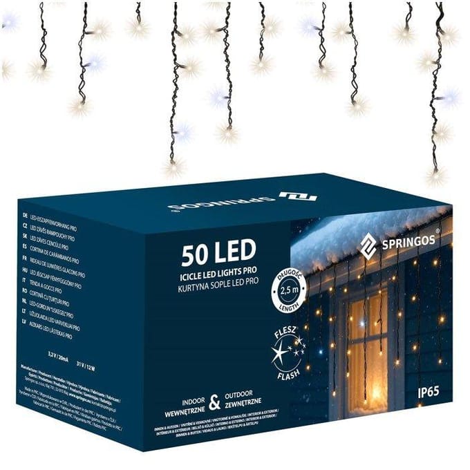 Springos Lichtgordijn | IJspegel Verlichting | 50 LEDs | Koud wit + Koud wit flits | 2,5 M