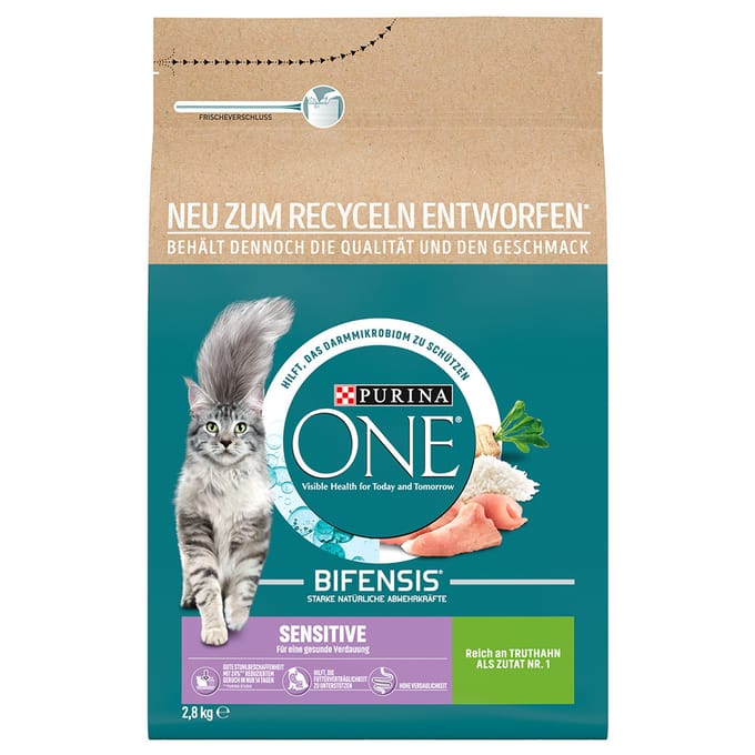 50% korting! 2 x Purina One droogvoer voor katten kleine verpakkingen - Sensitive met Kalkoen 2 x 2,8 kg