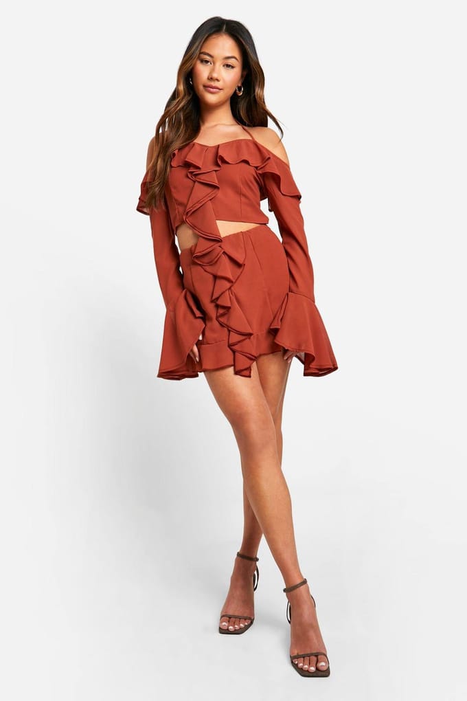 boohoo Dames Chiffon minirok met ruches aan de voorkant | Roest | Maat: 38