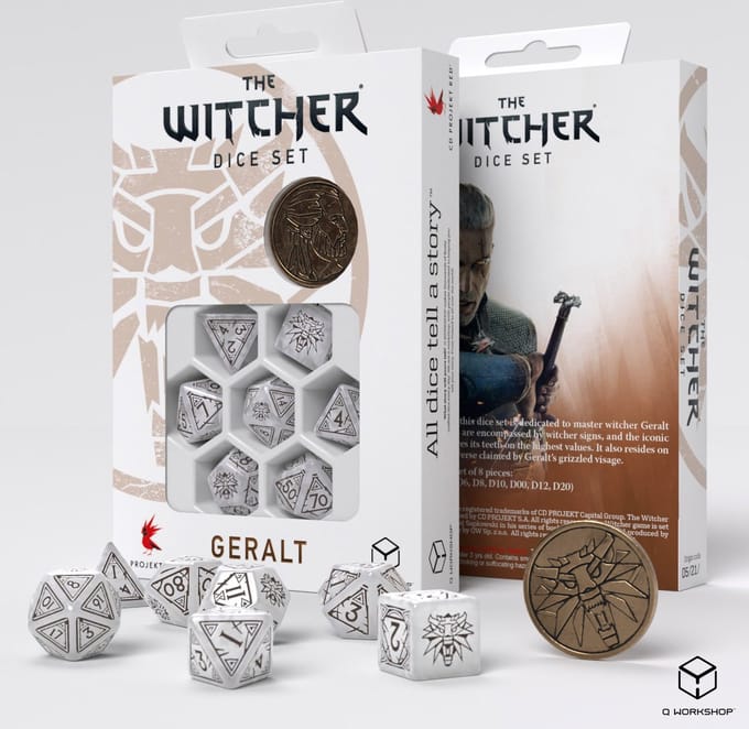 Q-Workshop The Witcher Dice Set - Geralt - De Witte Wolf (7 stuks + munt)