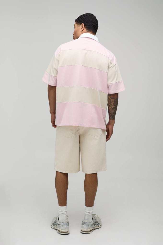 Oversized La Residence Geborduurd Gestreept Rugby Polo | Pink | Size 3XL