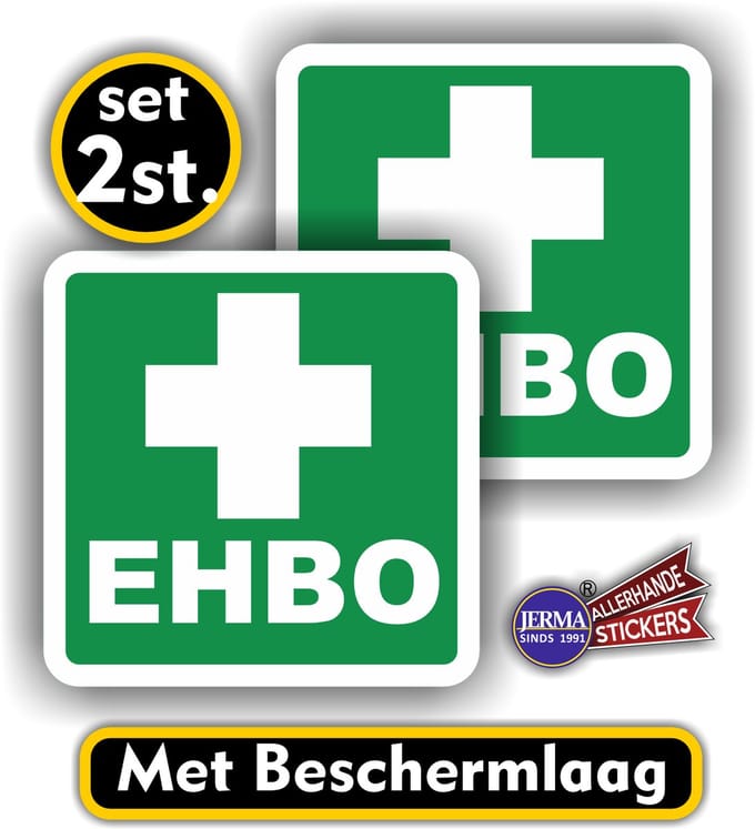 Jerma - EHBO Sticker - 2 stuks - 14 x 14 cm p.st. - vinyl - zelfklevend - transparant beschermlaag