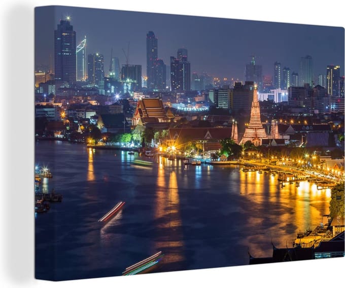 Canvas Schilderij Skyline van Bangkok met de Wat Pho - 30x20 cm - Wanddecoratie