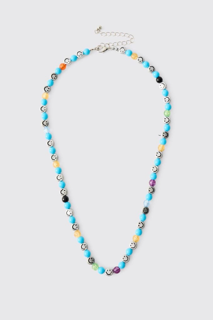 Blue Beaded Necklace with Silver Smiley Face Charms