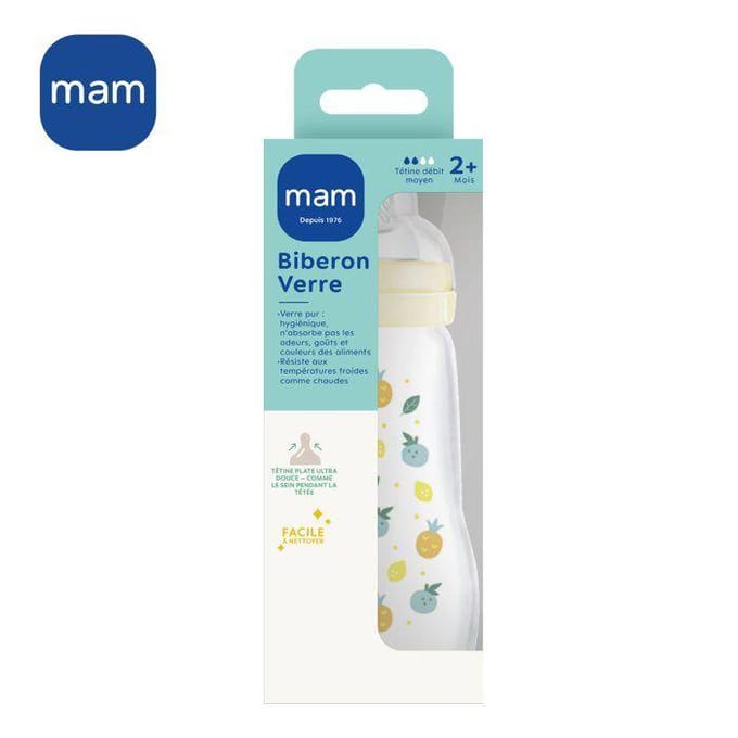 Biberon en verre MAM Hérisson Blanc 260ml - 0 a 6 mois - Tétine Débit 2