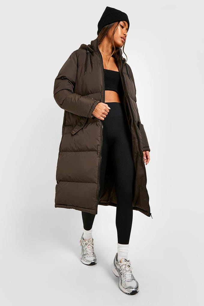boohoo Dames Longline Pufferjas | Chocoladebruin | Maat: 36