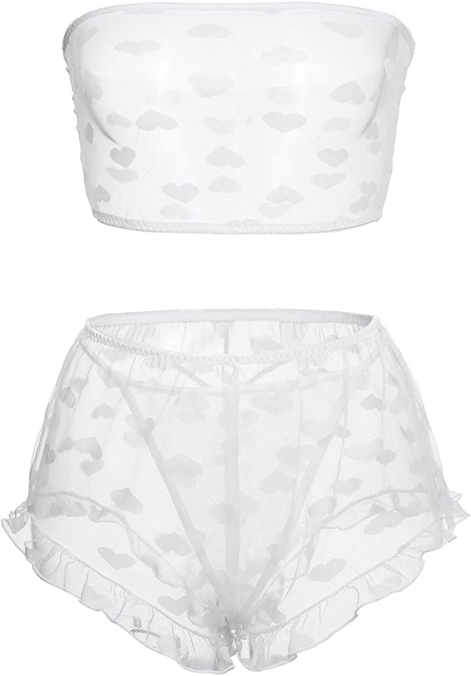 Go Go Gadget - Lingerie setje - Ondergoed - Doorschijnend - Hartjesprint - Wit - Maat M