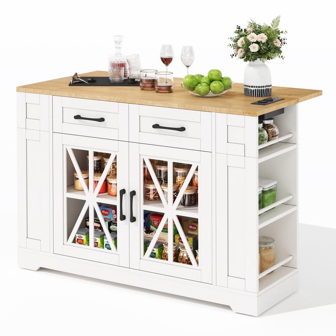 Keukeneiland - 120 cm - Met Inklapbare Tafel - AC en USB met Glazen Deur - Hout - Wit