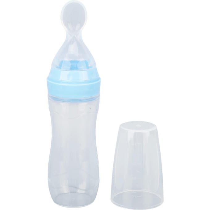 Distributeur d'aliments Silicone Souple Opération à une main Conception avec échelle Distributeur avec cuillère souple pour patients âgés Bleu bleu
