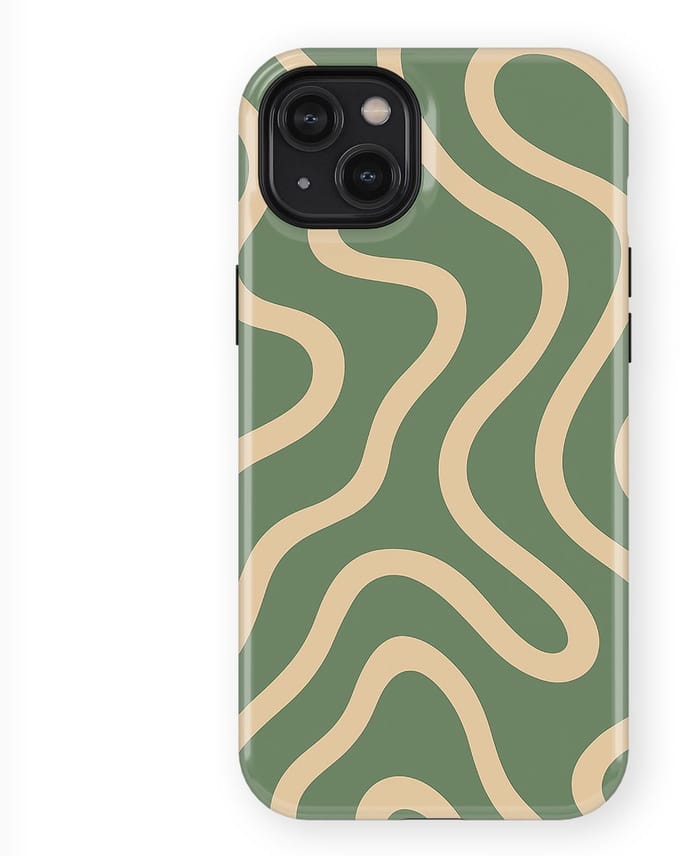 DripCase Curvy Lines Hoesje geschikt voor iPhone 14 Plus | Backcover met Mag | Design Tough Case geschikt voor iPhone 14 Plus Olive Drift